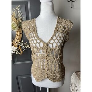 Candor Crochet Pearls Festival Boho Y2K Vest Size Medium